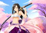  1girl absurdres black_eyes black_hair breasts budget_sarashi cherry_blossoms cherry_trees chikuwabu_(yokowokazuaki) cleavage highres idolmaster idolmaster_cinderella_girls japanese_clothes katana kimono long_hair mukai_takumi off_shoulder sarashi sword weapon 