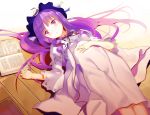  1girl adapted_costume alternate_costume book bow capelet crescent dress gukuli hair_bow hair_ornament hand_on_own_stomach hat highres long_hair long_sleeves looking_away lying mob_cap on_back on_floor open_book patchouli_knowledge purple_hair solo touhou vest violet_eyes wide_sleeves 