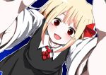  1girl blonde_hair blue_background blush gradient gradient_background hair_ornament hair_ribbon long_sleeves looking_at_viewer makaroni_taisa open_mouth outstretched_arms red_eyes ribbon rumia shirt short_hair skirt skirt_set smile solo touhou vest 
