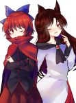  2girls animal_ears bow brooch brown_hair cape crossed_arms disembodied_head dress hair_bow imaizumi_kagerou jewelry long_hair long_sleeves multiple_girls one_eye_closed open_mouth red_eyes redhead sekibanki shirt short_hair skirt smile touhou uranaishi_(miraura) wolf_ears 