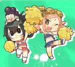  &gt;:&gt; &gt;;d 1boy 2girls :&gt; ;d asui_tsuyu black_eyes black_hair blue_skirt blush blush_stickers boku_no_hero_academia brown_eyes chaki_(teasets) cheerleader chibi goggles goggles_on_head hair_rings hair_up hatsume_mei highres holding leg_up long_hair mineta_minoru multiple_girls one_eye_closed open_mouth orange_panties panties pantyshot pantyshot_(standing) person_on_head pink_hair pink_panties pom_poms red_skirt skirt smile standing underwear 