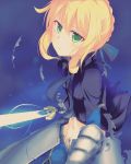  1girl ahoge armor armored_dress blonde_hair chicking fate/stay_night fate/zero fate_(series) faulds formal gauntlets green_eyes magic_clothes midriff saber solo suit 