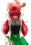  1girl alternate_costume arm_up black_shirt blouse braid closed_eyes closed_mouth hong_meiling littlefinger1988 open_blouse open_clothes puffy_short_sleeves puffy_sleeves redhead shirt short_sleeves skirt skirt_set stretch touhou twin_braids wavy_mouth white_blouse white_pants 