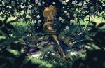  1girl armor armored_dress blonde_hair blue_dress braid closed_eyes dress fate/stay_night fate_(series) flower juliet_sleeves long_sleeves metal_boots metal_gloves object_hug petals puffy_sleeves saber seeker sleeping solo sword weapon 