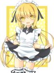  1girl :d alternate_costume apron blonde_hair enmaided kantai_collection looking_at_viewer maid maid_apron maid_headdress open_mouth puffy_short_sleeves puffy_sleeves rateratte satsuki_(kantai_collection) short_sleeves skirt skirt_lift smile solo thigh-highs twintails yellow_eyes 