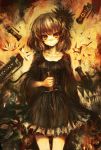  1girl belt black_dress brown_eyes brown_hair dagger dress frilled_dress frills highres holding_weapon lm7_(op-center) looking_at_viewer original sepia smile solo surreal weapon 