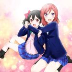  2girls black_hair blush bow giritaso hair_bow love_live!_school_idol_project multiple_girls nishikino_maki open_mouth red_eyes redhead school_uniform short_hair skirt smile twintails violet_eyes yazawa_nico 