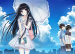  1boy 2girls artist_name black_hair blue_eyes blush book camisole camisole_over_clothes casual clouds dress finger_to_mouth kazuharu_kina long_hair looking_back multiple_girls original parasol parted_lips revision shirt short_hair shorts sky smile sundress thigh-highs umbrella very_long_hair violet_eyes watermark web_address white_dress 