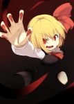  1girl ascot blonde_hair commentary_request dark fangs fingernails hair_ornament hair_ribbon highres long_fingernails long_sleeves looking_at_viewer nail_polish open_mouth red_eyes ribbon rumia shirt short_hair slit_pupils solo touhou usuaji vest 