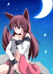  1girl animal_ears bare_shoulders boots brooch brown_hair collarbone crescent_moon dress highres imaizumi_kagerou jewelry long_hair long_sleeves looking_at_viewer moon night night_sky red_eyes sena_kizahashi sitting sitting_on_rock sky smile solo star star_(sky) starry_sky tail touhou wolf_ears wolf_tail 