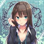  108_gou 1girl adjusting_hair aqua_eyes black_hair blush breasts earrings face idolmaster idolmaster_cinderella_girls jewelry necktie school_uniform shibuya_rin solo undone_necktie upper_body 