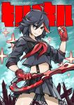  1girl black_hair clenched_hand fingerless_gloves gloves kill_la_kill matoi_ryuuko midriff pleated_skirt school_uniform scissor_blade senketsu serafuku short_hair skirt solo stephanie_lee suspenders weapon 