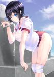  1girl black_hair blue_eyes breasts buruma clouds drinking_fountain gorua_(youce01) gym_uniform looking_at_viewer original see-through short_hair sky solo water wet wet_clothes 