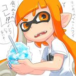  /\/\/\ 1girl blush bowl domino_mask drinking_straw fangs holding inkling kabeu_mariko long_hair mask open_mouth orange_eyes orange_hair pointy_ears shaved_ice shirt short_sleeves simple_background solo splatoon straw sweat tentacle_hair translation_request upper_body white_background 