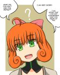  1girl ahoge bob_cut bow dress english green_eyes hair_bow head_tilt highres lunarisaileron no_nose open_mouth orange_hair penny_(rwby) portrait question_mark rwby short_hair solo speech_bubble 