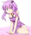  1girl :o bed collarbone dress hair_ornament hairclip katsumi5o looking_at_viewer purple_hair solo violet_eyes vocaloid yuzuki_yukari 