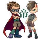  2boys blush brown_hair cape crossed_arms fudou_akio goggles green_eyes green_legwear hairlocs inazuma_eleven inazuma_eleven_(series) kidou_yuuto male_focus mohawk multiple_boys norun short_hair shorts smile soccer_uniform socks sportswear teikoku_soccer_uniform 