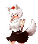  1girl animal_ears bare_shoulders blush breasts detached_sleeves hat highres inubashiri_momiji large_breasts looking_at_viewer pom_pom_(clothes) red_eyes ribbon-trimmed_sleeves ribbon_trim short_hair silver_hair simple_background skirt solo tail tokin_hat touhou white_background wolf_ears wolf_tail 