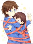  2boys accel_world arita_haruyuki bdsm blue_eyes blush bondage brown hair height_difference hug mayuzumi_takumu multiple_boys ribbon ribbon_bondage school_uniform simple_background trianon watermark web_address white_background yaoi 