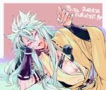  1boy 2015 blush dated fang hair_flaps japanese_clothes kogitsunemaru long_hair looking_at_viewer male_focus open_mouth pom_pom_(clothes) red_eyes smile solo touken_ranbu white_hair yousuke_(yosk) 