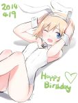  1girl animal_ears bare_legs blonde_hair blue_eyes bunnysuit dated erica_hartmann fake_animal_ears happy_birthday looking_at_viewer lying on_back one_eye_closed short_hair simple_background solo strike_witches tsuchii_(ramakifrau) white_background wrist_cuffs 