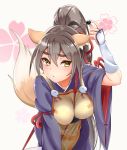  1girl a_(show_by_rock!!) animal_ears blush breasts brown_hair eyebrows fox_ears hair_ornament hair_stick leaning_forward long_hair magatama ponytail show_by_rock!! solo tail ten_piboshi thick_eyebrows very_long_hair yellow_eyes 