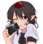  1girl black_hair bowtie camera grin hat looking_at_viewer one_eye_closed pointy_ears puffy_sleeves red_eyes shameimaru_aya shirt short_hair short_sleeves simple_background smile solo string tojo_(strit2p) tokin_hat touhou upper_body white_background 