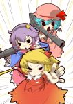  3girls aki_shizuha bat_wings bazooka blonde_hair blouse blue_hair blue_shirt blush bow brown_shirt brown_skirt chestnut_mouth commentary_request emphasis_lines energy_sword fang fingers frown gradient_dress hair_ornament hairband hand_up hat hat_bow heart holding_weapon komeiji_satori leaf_hair_ornament long_sleeves looking_at_viewer mob_cap multiple_girls open_hand open_mouth pink_shirt pink_skirt purple_hair remilia_scarlet serious shirt shirt_pocket short_hair short_sleeves simple_background skirt sword touhou weapon white_background wings zannen_na_hito 