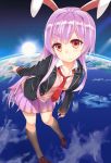 1girl animal_ears ashu blazer earth extra_ears long_hair long_sleeves looking_at_viewer necktie open_blazer open_clothes pink_hair planet rabbit_ears red_eyes reisen_udongein_inaba shirt skirt solo space sun touhou very_long_hair vest 