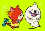  anger_vein fangs ghost green_background hand_on_hip jibanyan multiple_tails no_humans open_mouth pointing purple_lips sakiko_(gekiama) simple_background sweatdrop tail two_tails whisper_(youkai_watch) youkai youkai_watch 