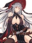  1girl arm_support bare_shoulders belt between_breasts breasts detached_sleeves dress garter_straps granblue_fantasy hat huge_breasts jpeg_artifacts long_hair looking_at_viewer magisa_(granblue_fantasy) pinstripe_pattern red_eyes silver_hair sitting smile solo takemura_makoto_(hakushikei) thigh-highs witch_hat 