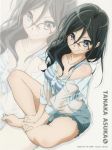 1girl barefoot black_hair blue_eyes blush breasts buttons character_name glasses hibike!_euphonium highres indian_style long_hair looking_at_viewer off_shoulder red-framed_glasses scan see-through semi-rimless_glasses sitting smile solo tanaka_asuka zoom_layer 