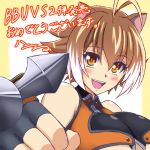  1girl :d animal_ears antenna_hair bare_shoulders blazblue blush breasts brown_eyes brown_hair fingerless_gloves gloves h-new large_breasts looking_at_viewer makoto_nanaya open_mouth short_hair smile solo squirrel_ears translation_request under_boob upper_body 