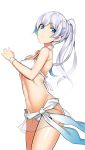  1girl bikini blue_eyes cowboy_shot koko_shiguma long_hair navel no_scar ponytail rwby simple_background solo swimsuit weiss_schnee white_background white_bikini white_hair white_swimsuit 