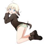  1girl black_hair blonde_hair blue_eyes blush boots breasts erica_hartmann from_side kneeling looking_at_viewer military military_uniform multicolored_hair simple_background solo strike_witches tail tsuchii_(ramakifrau) two-tone_hair uniform white_background 