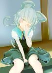  1girl animal_ears capelet dress gem grey_dress grey_hair highres ishikkoro jewelry looking_at_viewer mouse_ears mouse_tail nazrin necklace one_eye_closed pendant puffy_short_sleeves puffy_sleeves rubbing_eyes shirt short_sleeves sitting solo tail touhou 