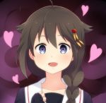  1girl ahoge blue_eyes blush braid brown_hair close-up hair_flaps hair_ornament heart heart-shaped_pupils kantai_collection looking_at_viewer portrait school_uniform serafuku shigure_(kantai_collection) smile solo symbol-shaped_pupils yukichi_(eikichi) 