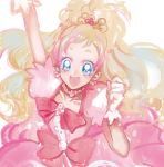  1girl :d arm_up blonde_hair blue_eyes bow collarbone cure_flora earrings flower flower_necklace gloves go!_princess_precure gradient_hair haruno_haruka jewelry light_particles long_hair magical_girl multicolored_hair necklace open_mouth pink_bow pink_hair precure puffy_short_sleeves puffy_sleeves short_sleeves simple_background smile solo upper_body white_background white_gloves yousuke_(yosk) 