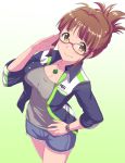  1girl akizuki_ritsuko antenna_hair blush breasts brown_eyes brown_hair cleavage dan_(orange_train) denim denim_shorts glasses idolmaster long_hair ponytail shorts smile solo 