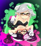  +_+ 2girls all_fours aori_(splatoon) black_hair blush breast_press breasts brown_eyes cleavage detached_collar domino_mask food food_on_head girl_on_top gloves green_legwear hotaru_(splatoon) i_b_b_e long_hair lying mask mole mole_under_eye multiple_girls object_on_head on_back open_mouth pantyhose purple_legwear short_hair siblings silver_hair sisters smile splatoon sushi symmetrical_docking white_gloves yellow_eyes 