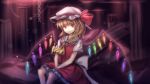  1girl ascot asymmetrical_hair blonde_hair broken chain crystal expressionless flandre_scarlet hat hat_ribbon looking_at_viewer minust mob_cap red_eyes ribbon shirt short_sleeves side_ponytail sitting skirt skirt_set solo touhou wings 