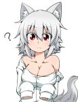  1girl :&lt; ? animal_ears blush breasts cleavage collarbone collared_shirt frown inubashiri_momiji katsumi5o large_breasts looking_at_viewer off_shoulder paw_pose red_eyes shirt short_hair silver_hair sleeves_past_wrists solo tail touhou wide-eyed wolf_ears wolf_tail 