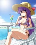  1girl bikini blue_sky breasts chair cleavage clouds collarbone crossed_legs drink drinking_straw hair_ribbon hat hime_cut kousei_(public_planet) lake large_breasts long_hair looking_at_viewer navel patchouli_knowledge purple_bikini purple_hair ribbon side-tie_bikini sitting sky solo straw_hat striped striped_bikini striped_swimsuit swimsuit table touhou tress_ribbon under_boob very_long_hair violet_eyes 