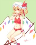 1girl blonde_hair bow flandre_scarlet hat hat_bow laevatein navel open_mouth pf red_eyes side_ponytail solo touhou wings wrist_cuffs 