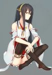  1girl bare_shoulders black_hair boots breasts brown_eyes brown_hair crossed_legs detached_sleeves hair_ornament hairband hairclip haruna_(kantai_collection) headgear highres japanese_clothes kantai_collection long_hair nontraditional_miko sitting skirt solo thigh-highs thigh_boots 