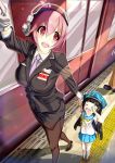  2girls absurdres alternate_hairstyle black_hair blush breasts child crying folded_ponytail formal gloves headphones highres holding_hands kasappi large_breasts long_hair multiple_girls necktie nitroplus pantyhose pink_hair red_eyes smile suit super_sonico tactile_paving thigh-highs train_station 
