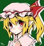  1girl blonde_hair bow finger_to_mouth flandre_scarlet green_background hat hat_bow kaya_rio nail_polish pointy_ears red_eyes red_nails side_ponytail solo touhou 