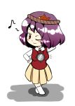  1girl alternate_costume autumn_leaves blush breasts brown_skirt chibi collared_shirt emphasis_lines hairband hand_behind_head hand_on_hip long_sleeves looking_at_viewer mirror musical_note one_eye_closed pleated_skirt pose purple_hair red_eyes red_vest sag_(tkddkrja) shiny shiny_hair shirt short_hair side_glance simple_background skirt smile socks solo spoken_musical_note touhou vest white_background yasaka_kanako 