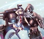  1girl black_legwear cannon dress gloves hand_behind_head headgear kantai_collection long_hair looking_at_viewer machinery murakumo_(kantai_collection) necktie red_eyes silver_hair solo sumapan thigh-highs very_long_hair white_dress white_gloves zettai_ryouiki 