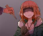  1boy 1girl blindfold blush chewing chopsticks eating feeding force_feeding full-face_blush gloves jewelry key necklace ninjunker orange_hair original short_hair sweat tied_up 